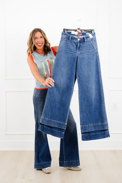 Judy Blue The Rory Petite/Reg Mid Rise Dark Wash Retro Wide Leg Trouser Jeans