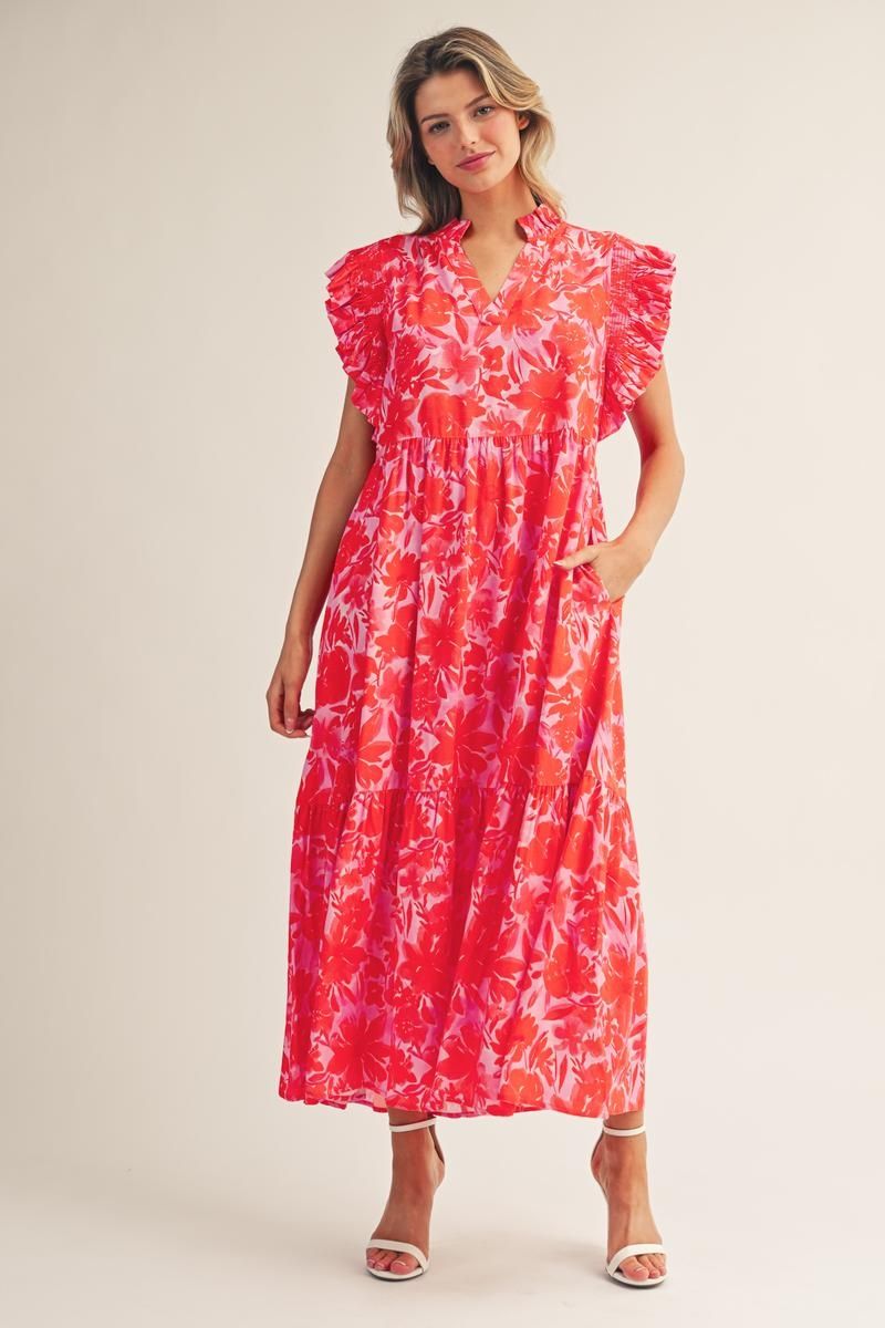 Jodifl Tropical Bloom Ruffle Sleeve Midi Dress in Red
