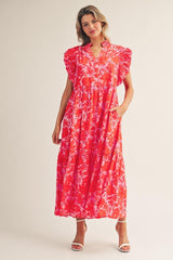 Jodifl Tropical Bloom Ruffle Sleeve Midi Dress in Red