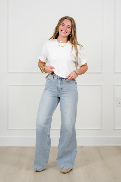 Judy Blue Secret Sauce 2.0 High Rise Light Wash Petite/Reg Tummy Control Retro Wide Leg Jeans