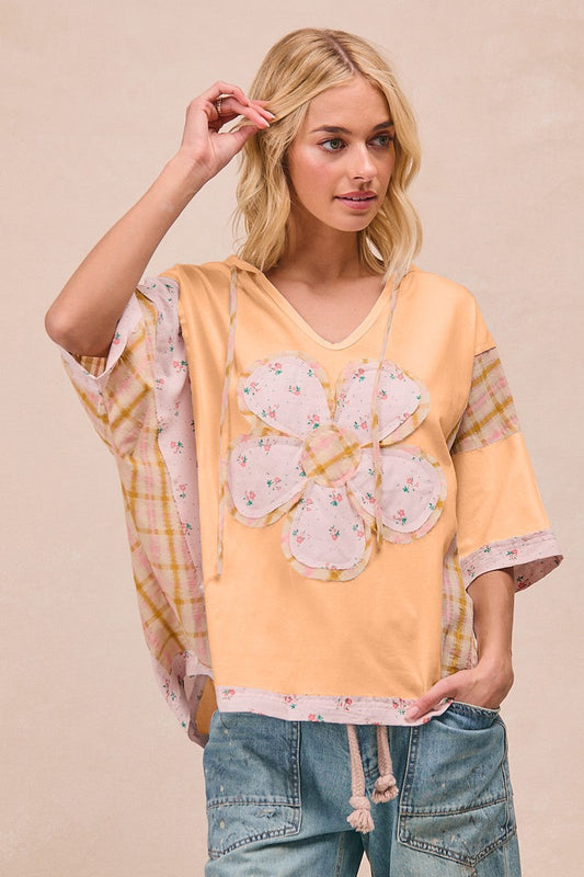 BiBi Mix n Match Hooded Top with Large Flower Patch Front in Peach