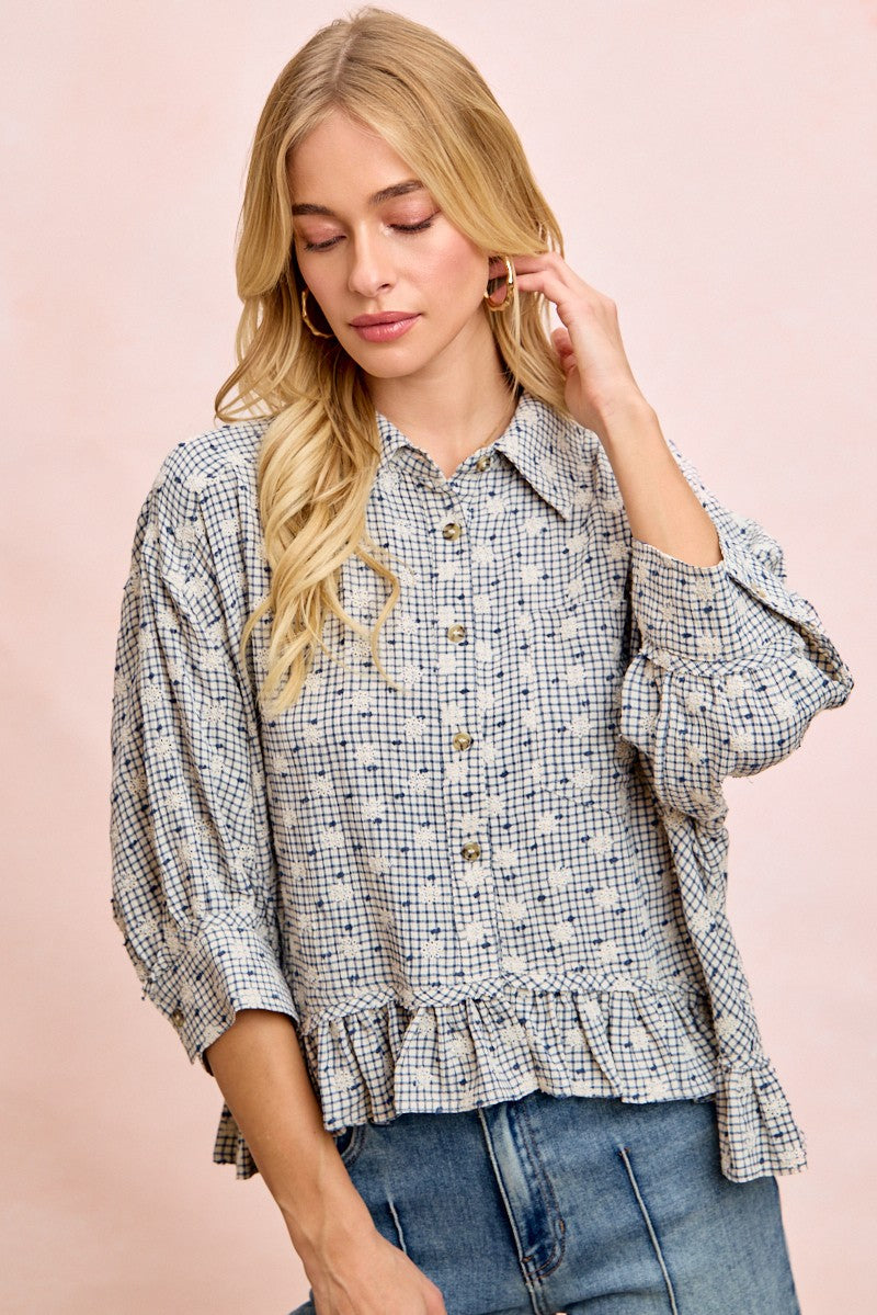 BiBi Floral Embroidery Grid Checked Ruffled Hem Button-Up Top in Navy