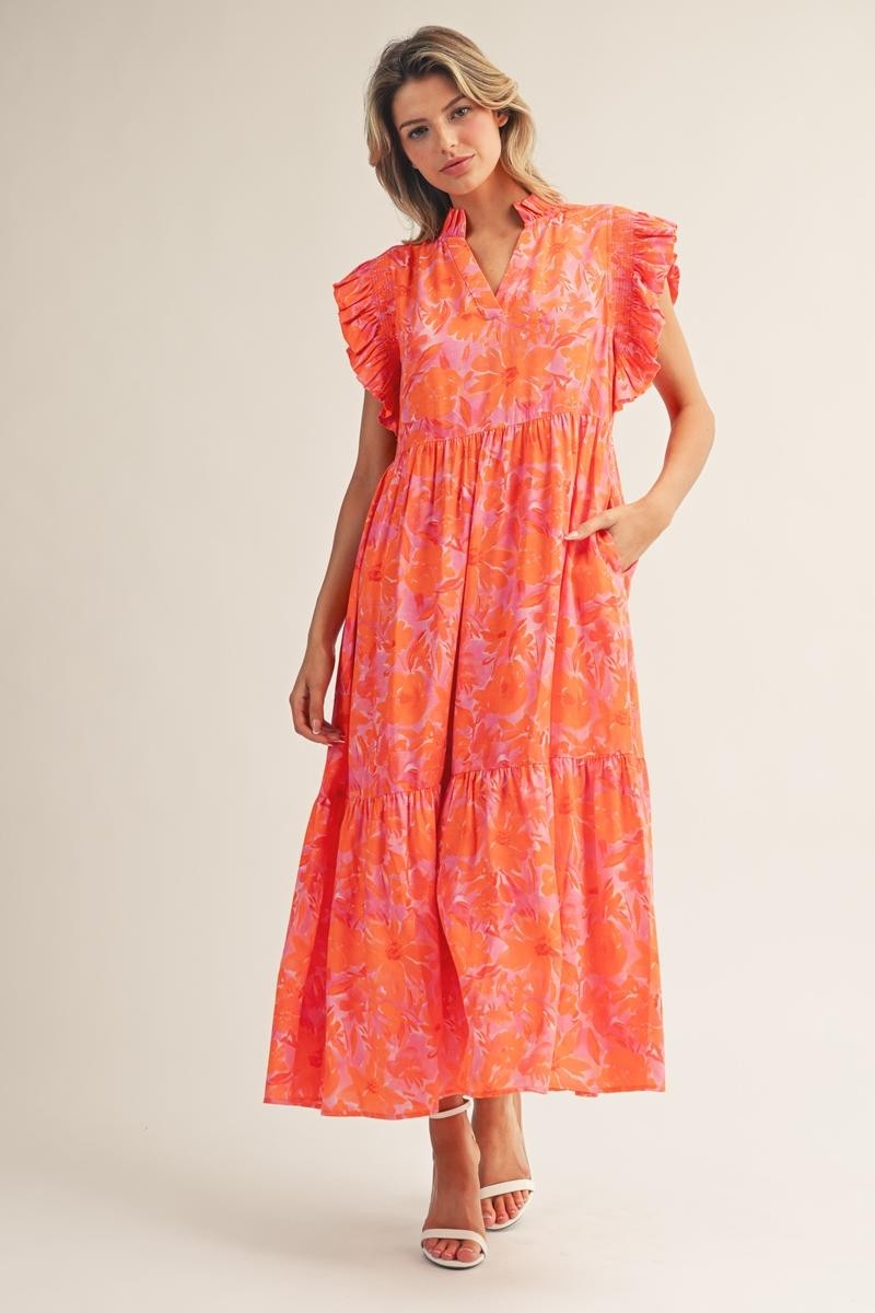 Jodifl Tropical Bloom Ruffle Sleeve Midi Dress in Orange
