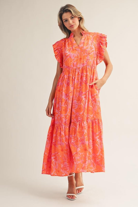 Jodifl Tropical Bloom Ruffle Sleeve Midi Dress in Orange