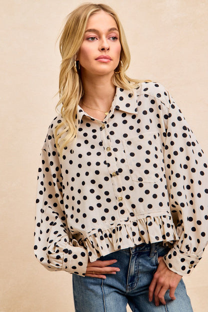 BiBi Crinkle Polka Dot Ruffle Hem Button Down Top in Cream/Black