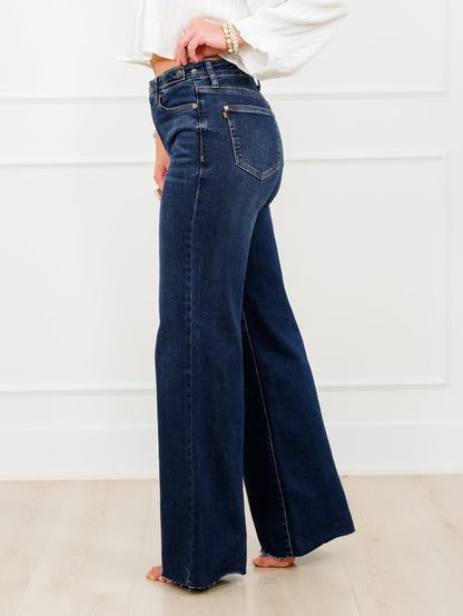 Judy Blue The Levi High Rise Dark Wash Petite/Reg Retro Wide Leg Jeans with Adjustable Waistband Tabs