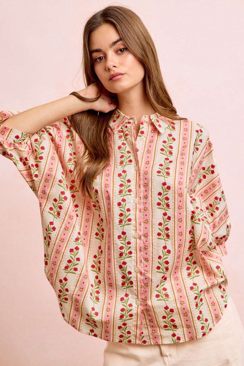 BiBi Bold Woven Striped Floral Print Button Down Top in Red