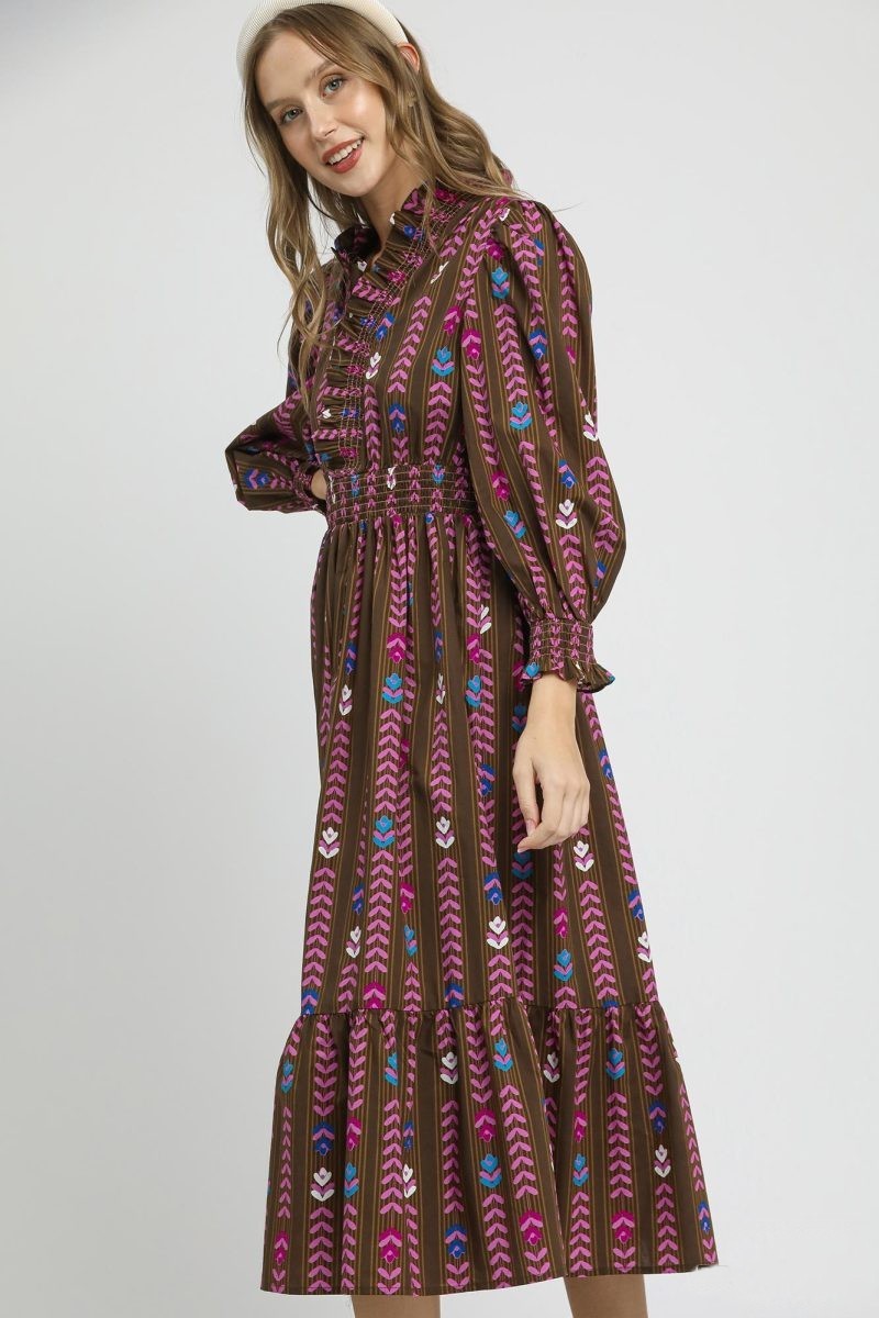 Umgee Stripped Floral Print Midi Dress in Brown Mix