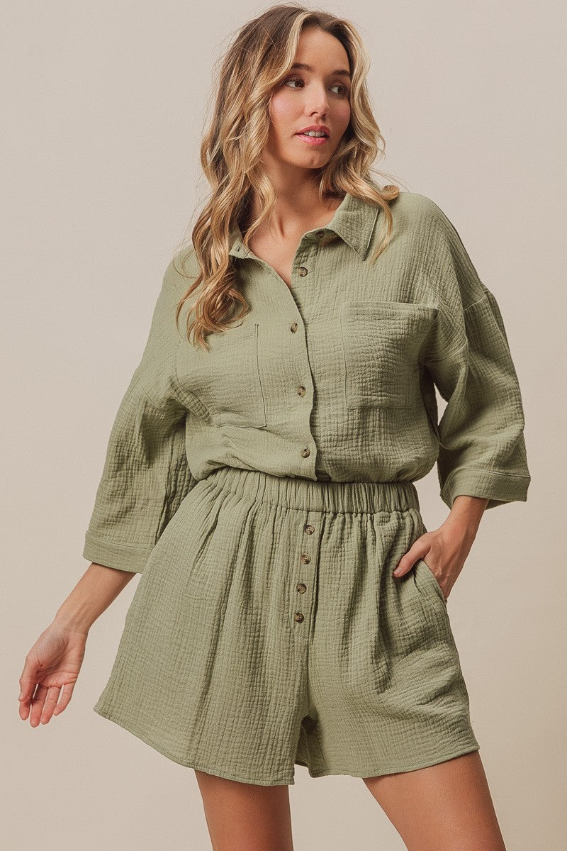 BiBi Crinkle Gauze Shirt And Short Set in Sage