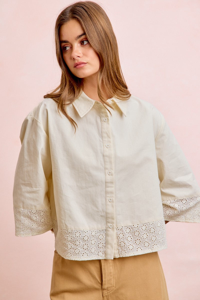 BiBi Eyelet Lace Hem Quarter Sleeve Top in Butter