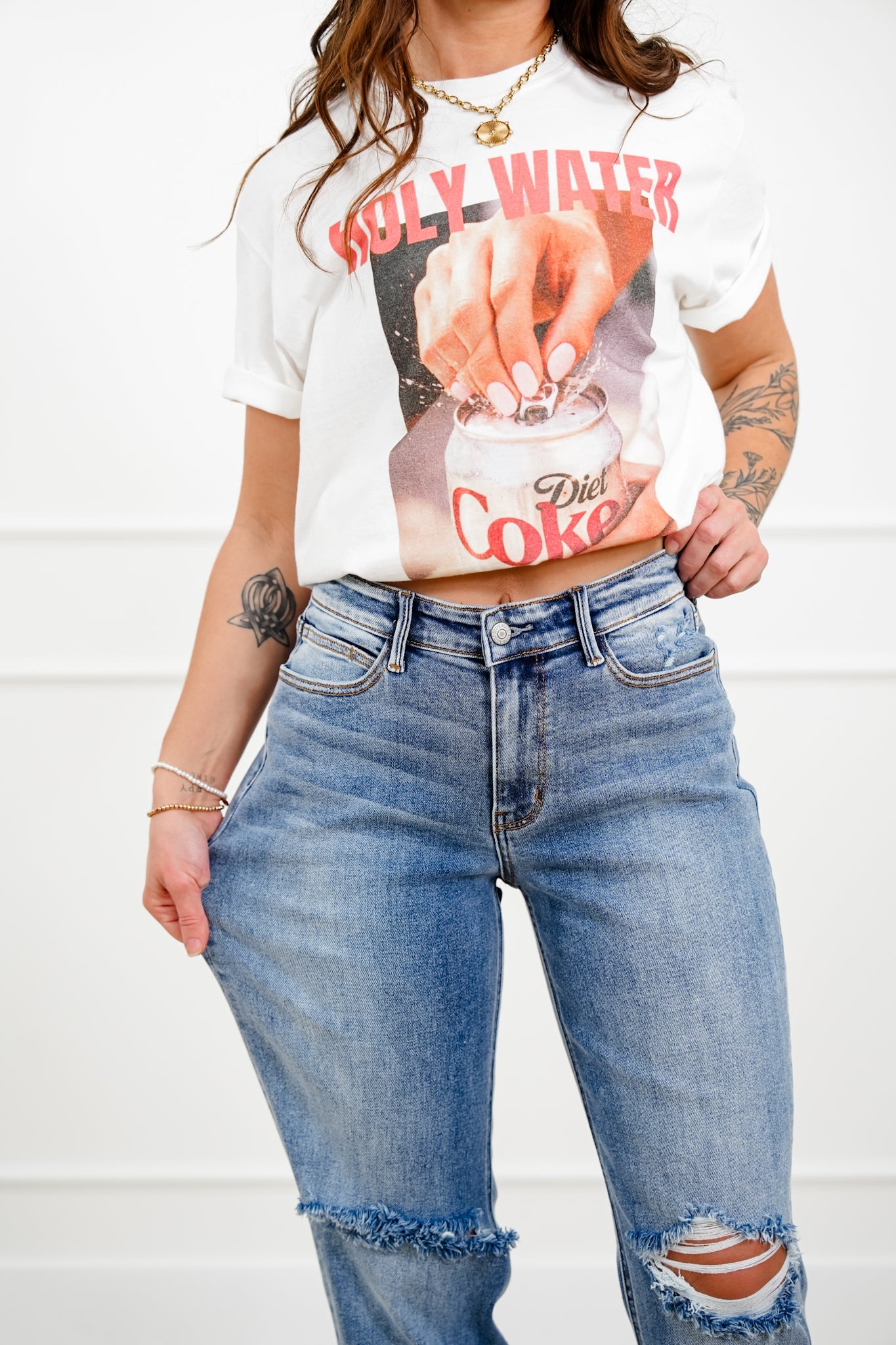 Judy Blue Mid Rise Medium Wash Distressed Boyfriend Jeans with Cuff