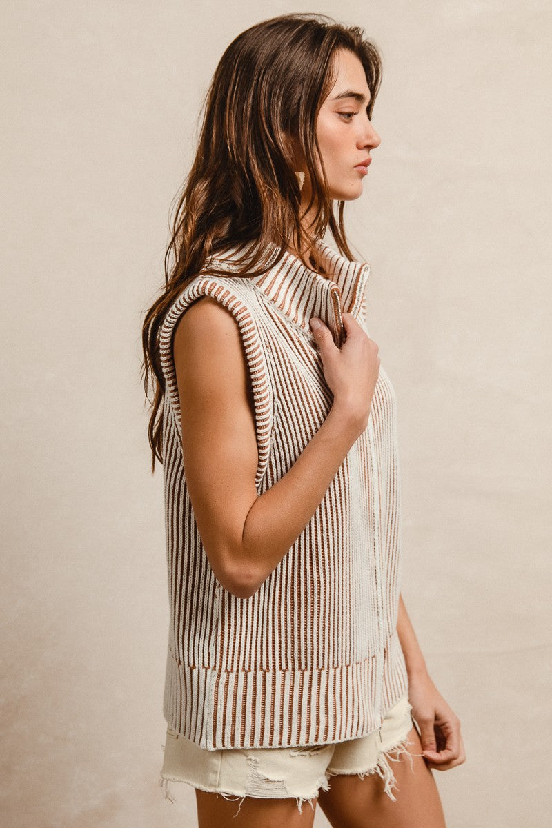 BiBi Two Toned Stripe Knit Sweater Zip up Vest in Ivory/Latte