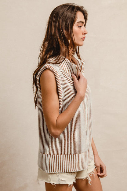 BiBi Two Toned Stripe Knit Sweater Zip up Vest in Ivory/Latte