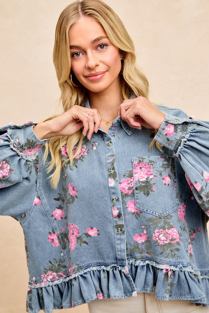 BiBi Peplum Floral Print Denim Button Down Top in Washed Denim