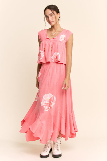 Davi & Dani Crinkled Knit Top Elastic Waist Maxi Skirt Set in Pink