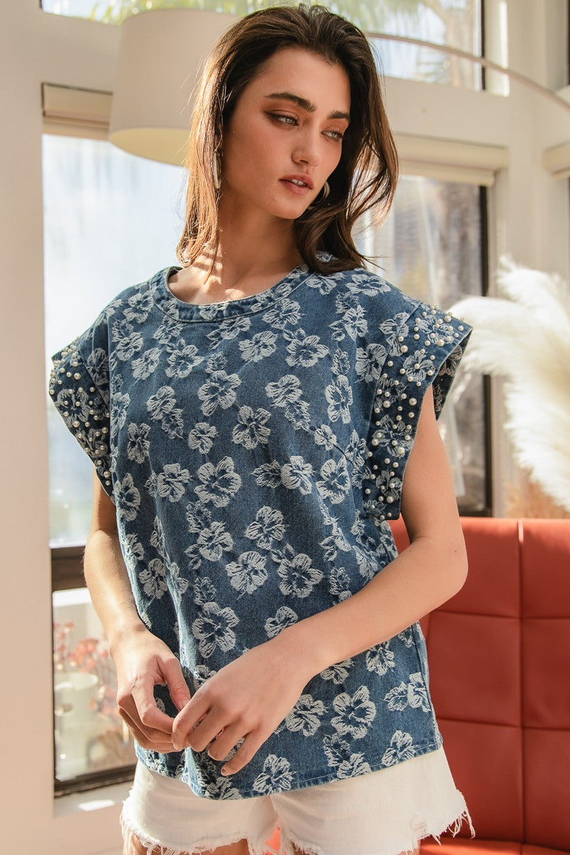 BiBi Textured Floral Top with Pearl Embellished Sleeve Cuffs in Denim