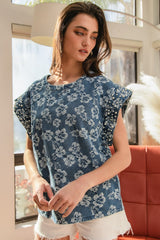 BiBi Textured Floral Top with Pearl Embellished Sleeve Cuffs in Denim