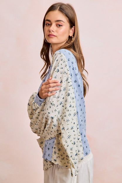 BiBi Floral Print Mix N Match Henley Top in Light Blue