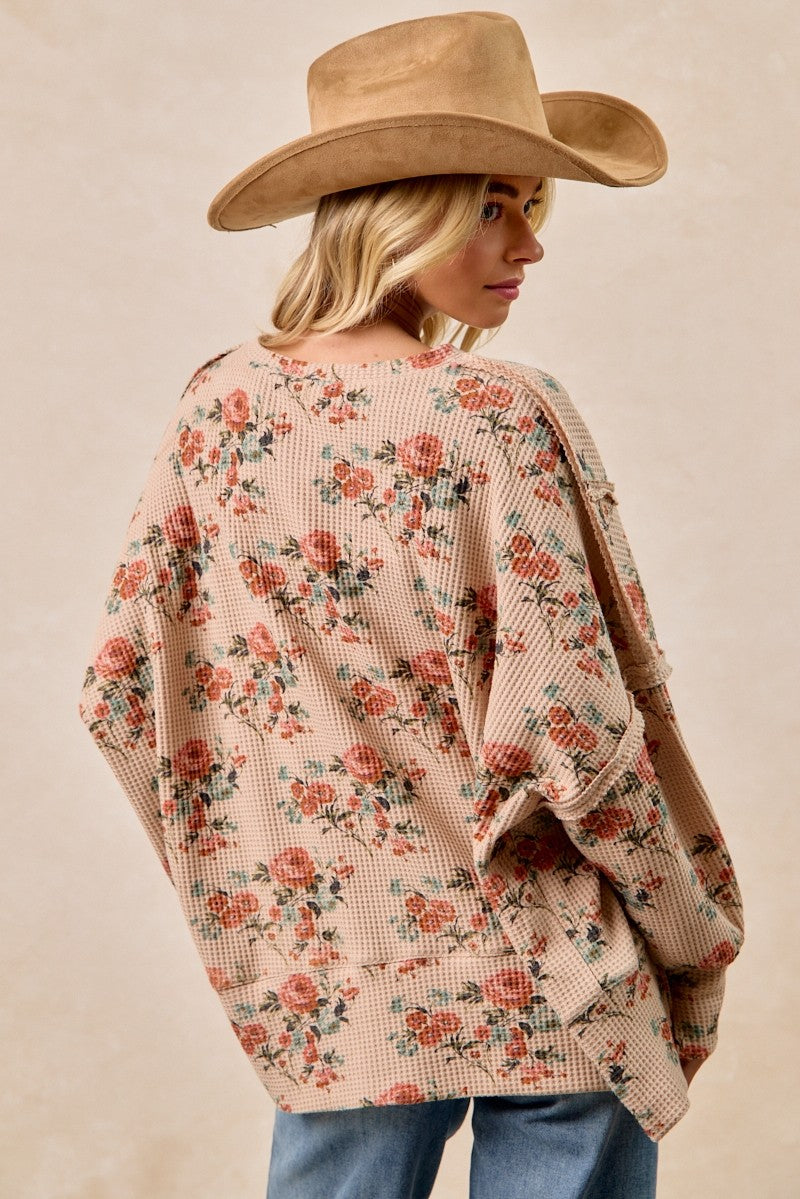 BiBi OVERSIZED Floral Print Waffle Knit Top in Taupe