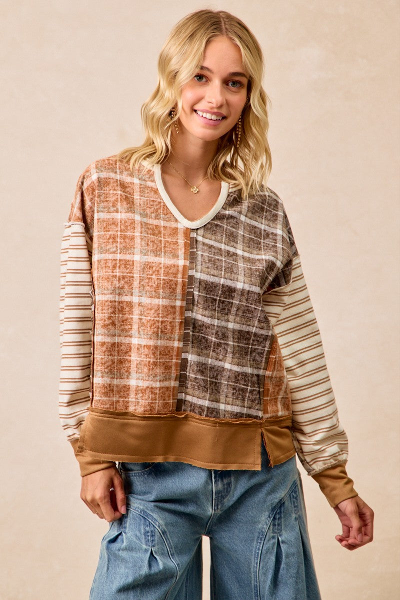 BiBi Plaid and Stripe Color Block Top in Rust/Dark Mocha