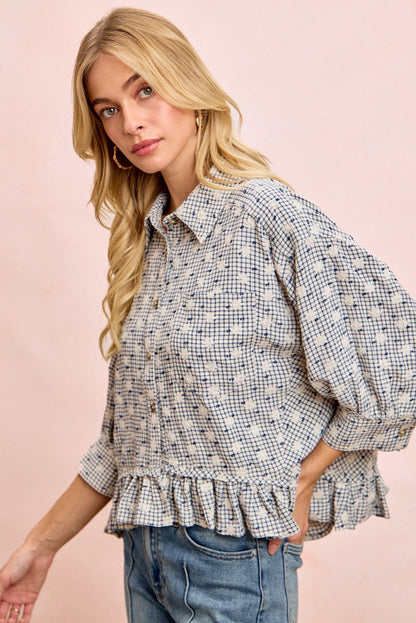 BiBi Floral Embroidery Grid Checked Ruffled Hem Button-Up Top in Navy