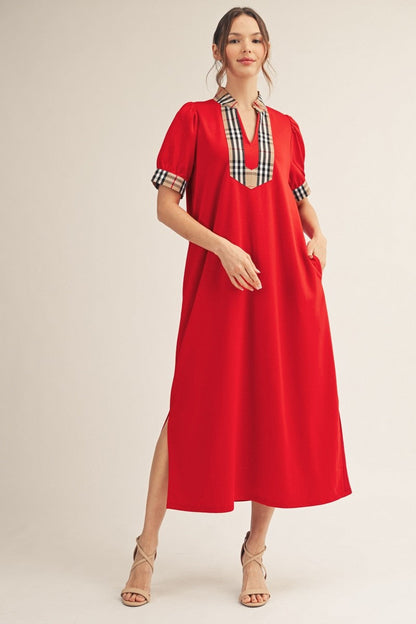 Jodifl Solid Color Midi Dress with Contrasting Classic Check in Tomato Red ON ORDER