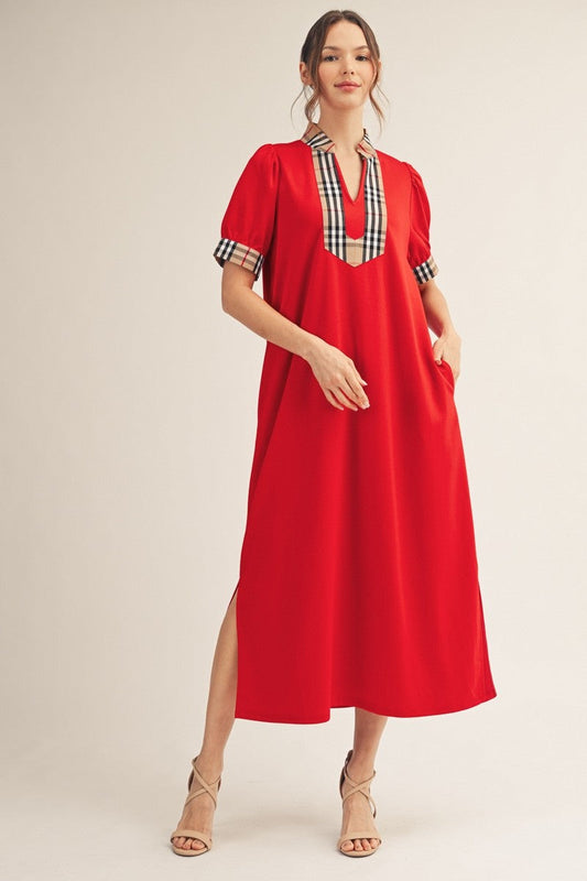 Jodifl Solid Color Midi Dress with Contrasting Classic Check in Tomato Red ON ORDER