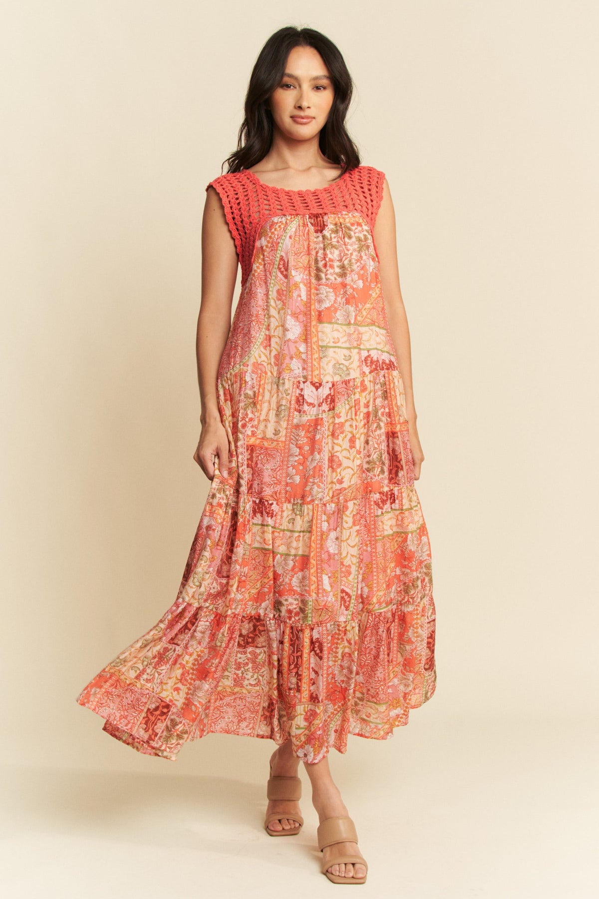 Davi & Dani Ethnic Print Maxi Dress with Open Crochet Straps in Coral Orange
