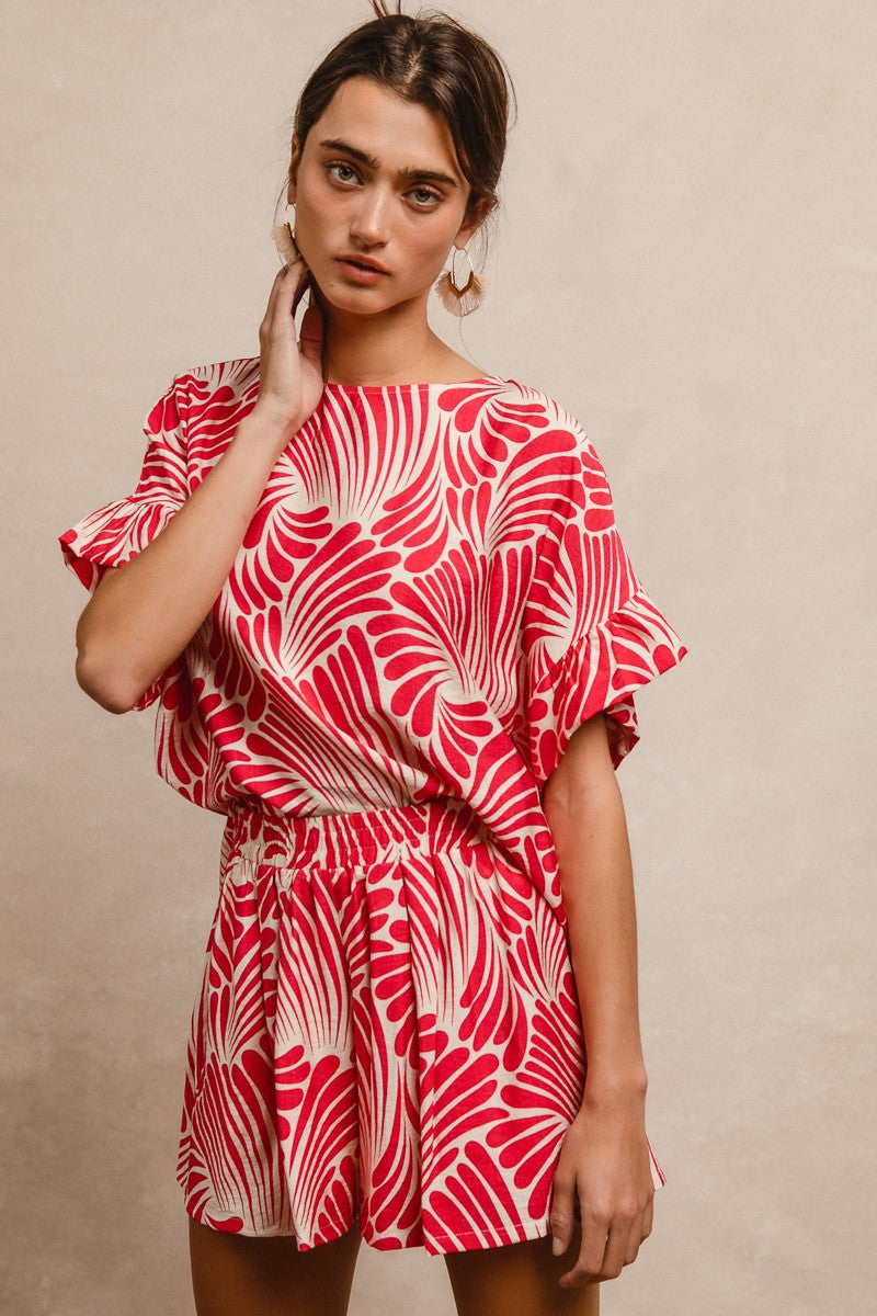 BiBi Two Toned Printed Woven Top in Fuchsia