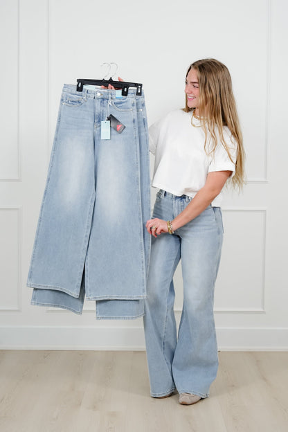 Judy Blue Secret Sauce 2.0 High Rise Light Wash Petite/Reg Tummy Control Retro Wide Leg Jeans