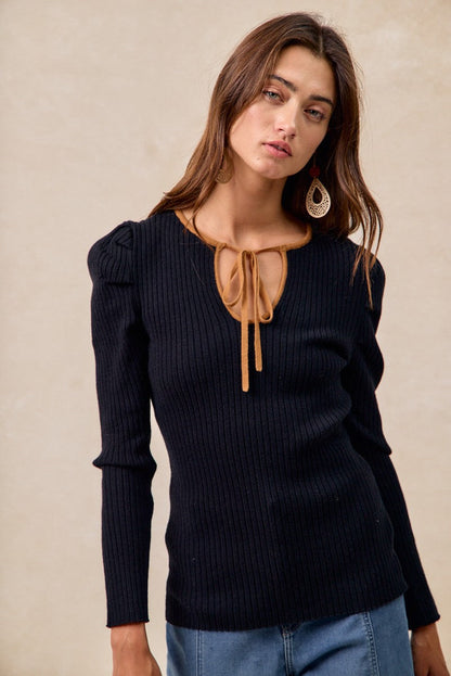 BiBi FITTED Ribbed Knit Top with Contrasting Color Neckline in Black/Camel