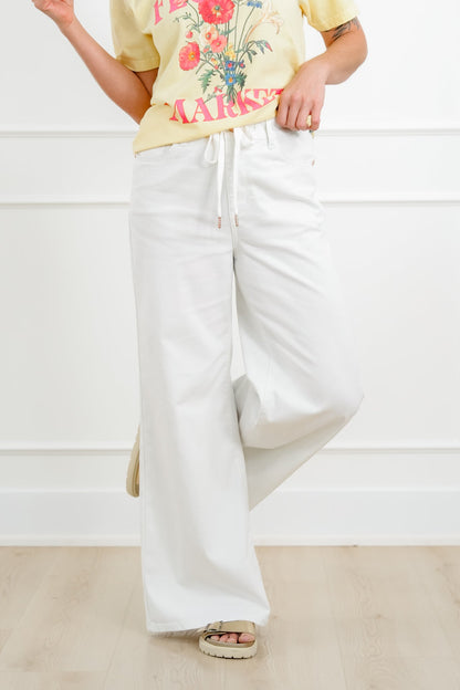Judy Blue The Sunday Stroll High Rise Multiple Inseam White Featherweight Palazzo Jeans with Elastic Waistband