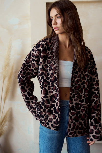 LovLov Open Front Sweater Knit Cardigan in Leopard Mocha
