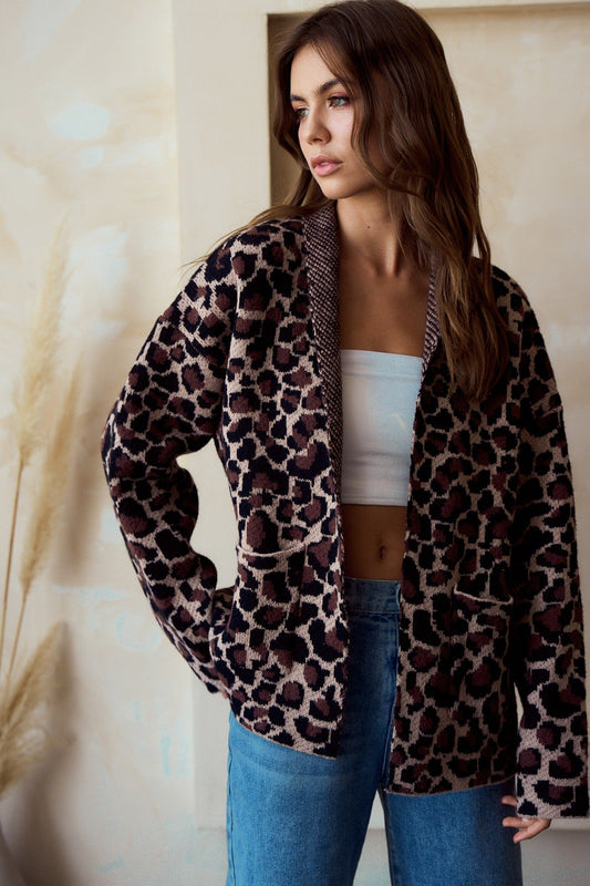 LovLov Open Front Sweater Knit Cardigan in Leopard Mocha