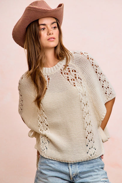 BiBi Textured Garter Knit Sweater Top with Side Ties in Ivory
