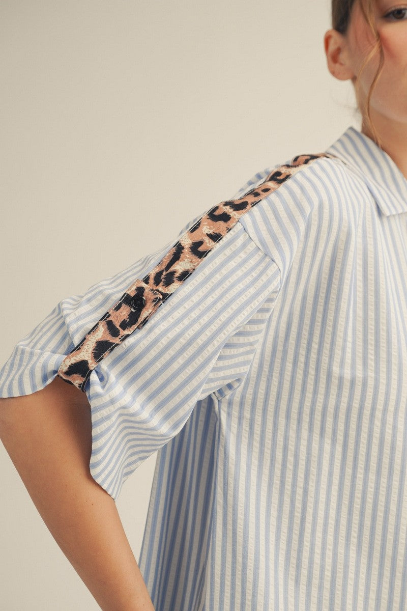Jodifl Striped Midi Dress with Leopard Print Details in Blue