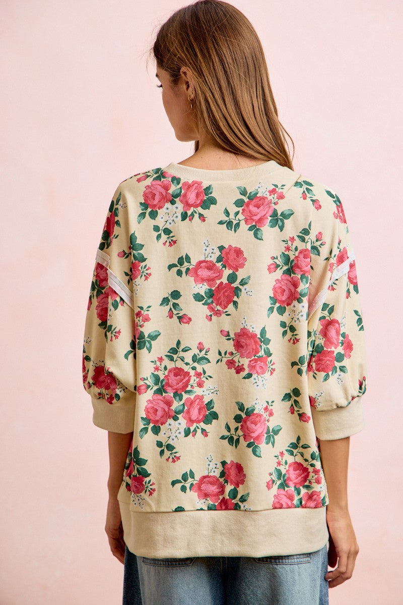 BiBi Rose Printed Terry Knit Relaxed Top in Cream ON ORDER
