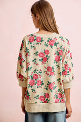BiBi Rose Printed Terry Knit Relaxed Top in Cream ON ORDER