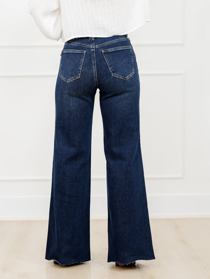 Judy Blue The Levi High Rise Dark Wash Petite/Reg Retro Wide Leg Jeans with Adjustable Waistband Tabs