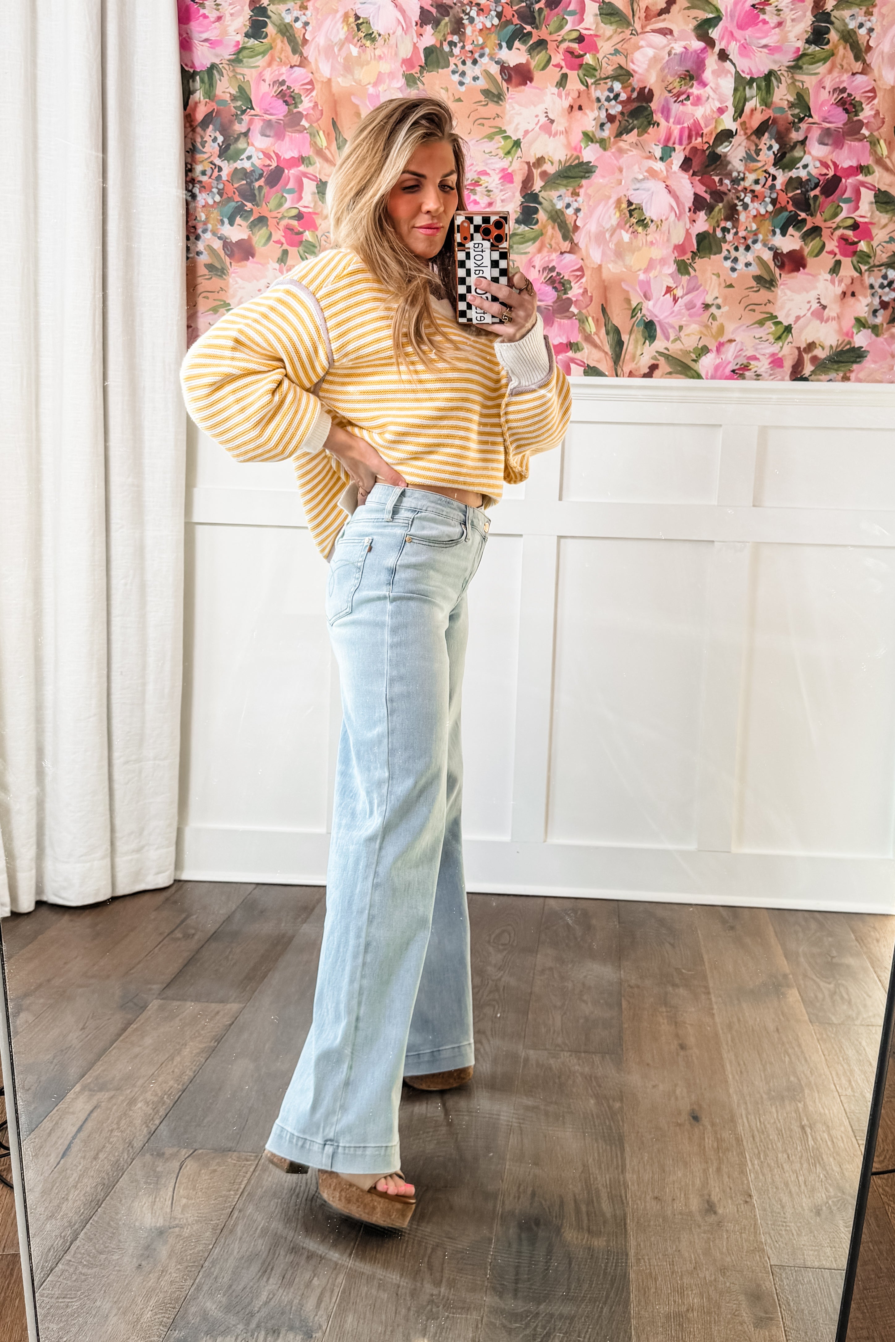 Judy Blue High Rise Light Wash Distressed Criss Cross Waistband Retro Wide Leg Jeans
