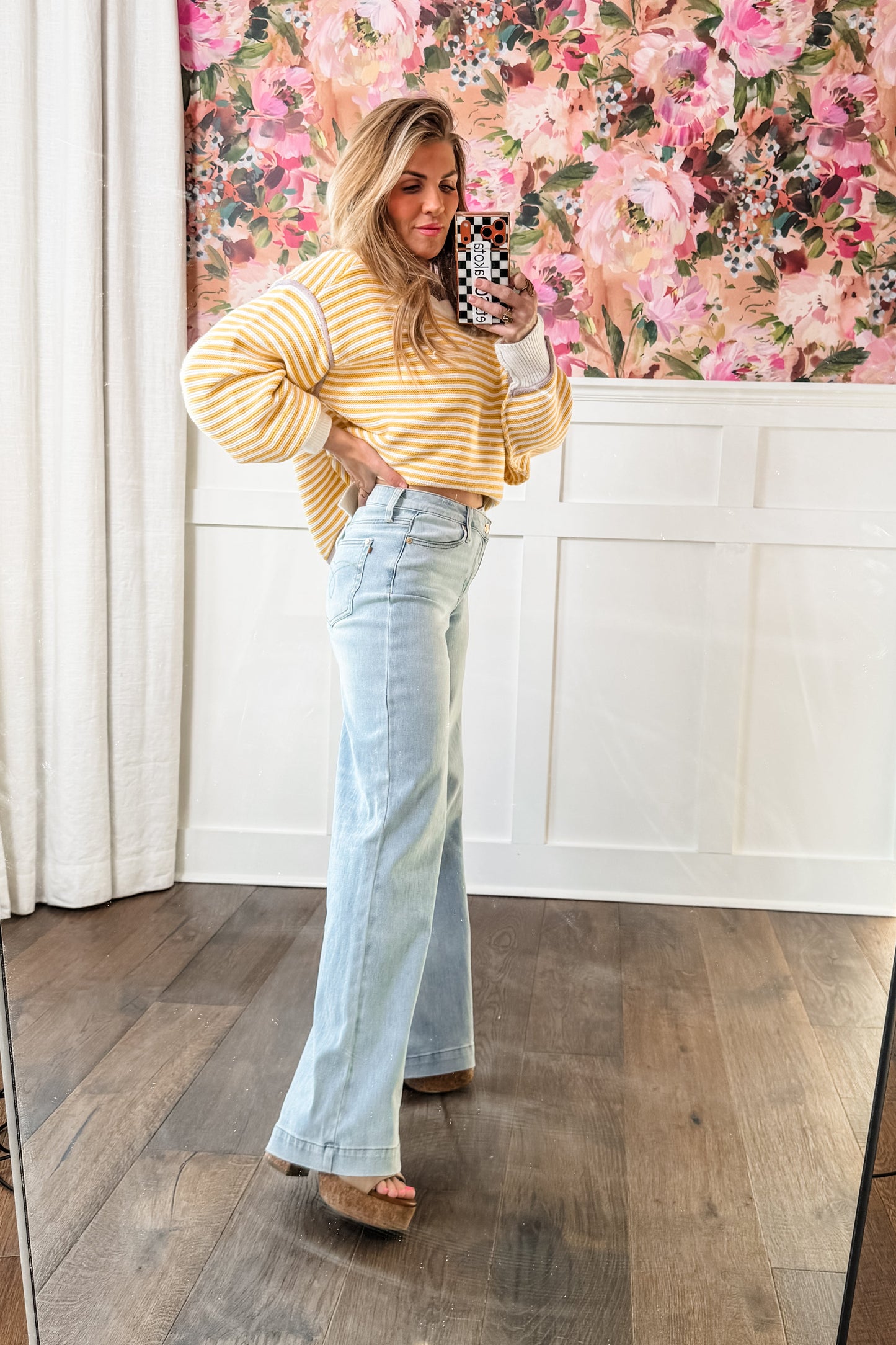 Judy Blue High Rise Light Wash Distressed Criss Cross Waistband Retro Wide Leg Jeans