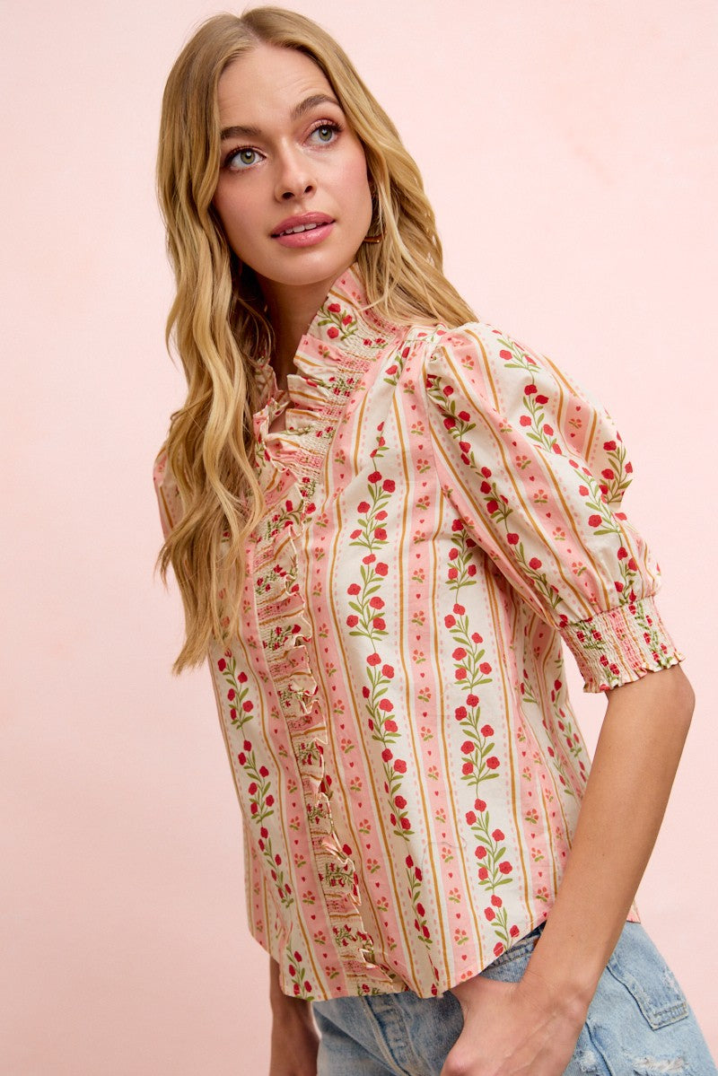 BiBi Floral Printed Ruffled Puff Sleeve Top in Red