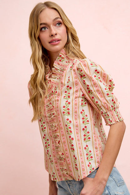 BiBi Floral Printed Ruffled Puff Sleeve Top in Red