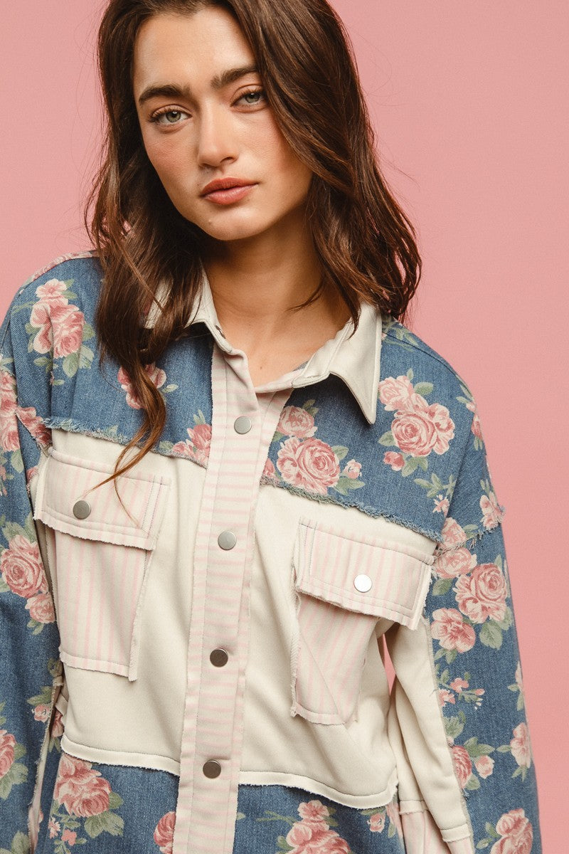 BiBi Printed Denim and Mix n Match Fabric Top in Denim Mix