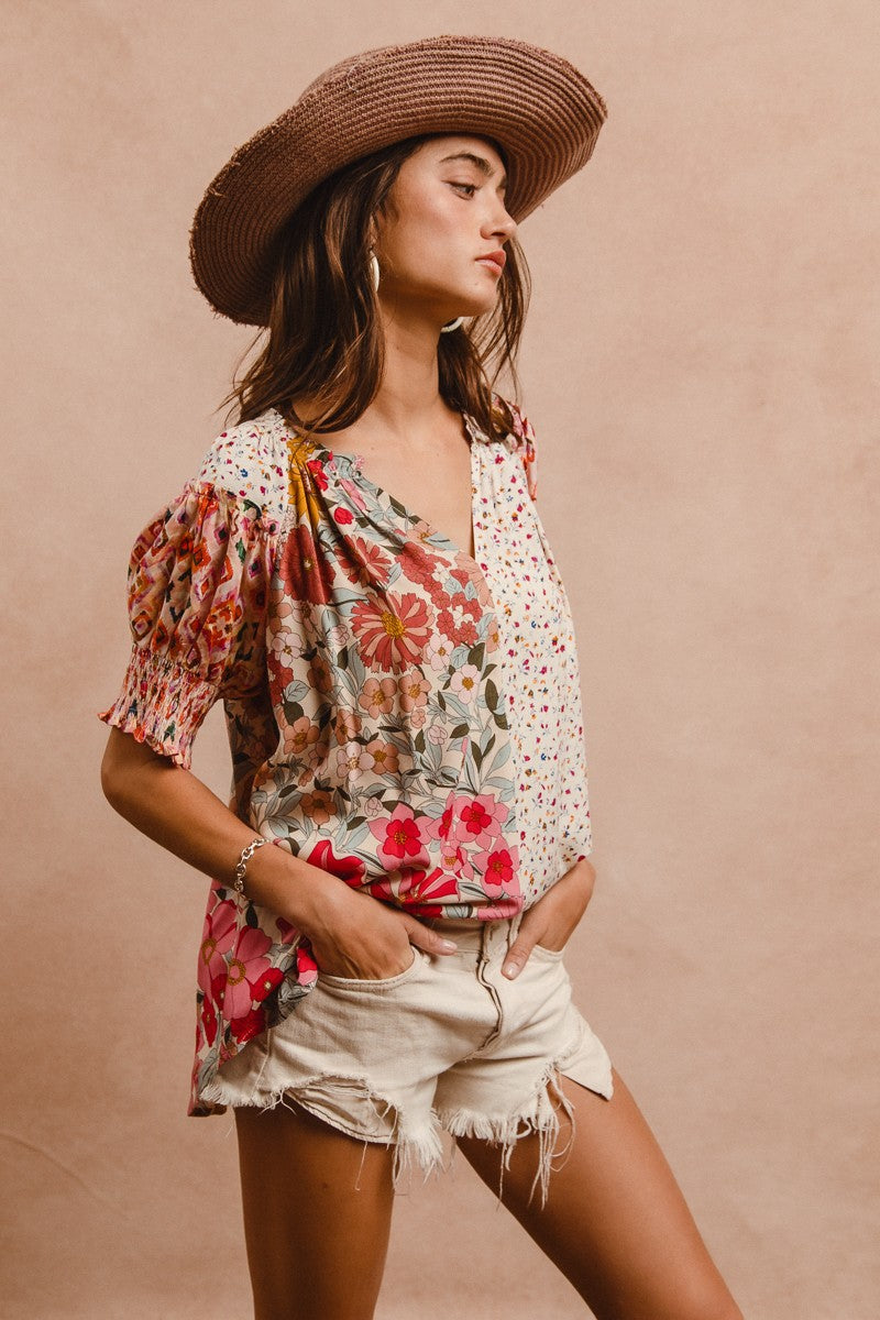 BiBi Mix N Match Woven Peasant Top in Rose Mix
