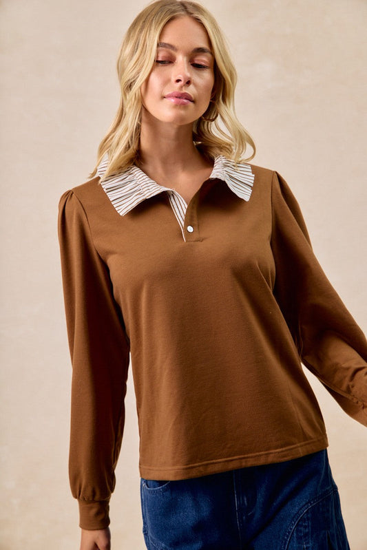 BiBi French Terry Top with Contrasting Striped Ruffle Collar in Dark Mocha