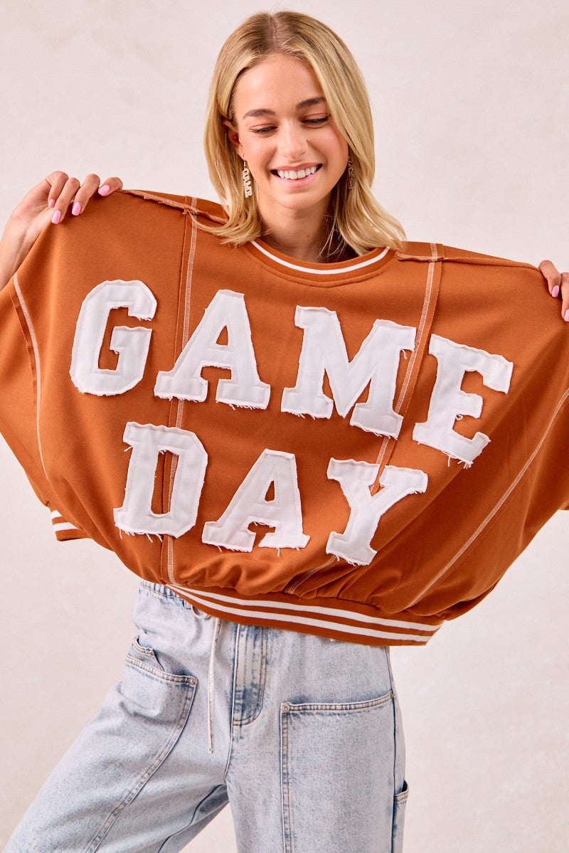 BiBi OVERSIZED French Terry Top with GAME DAY Letter Patchwork Front in Burnt Orange/White