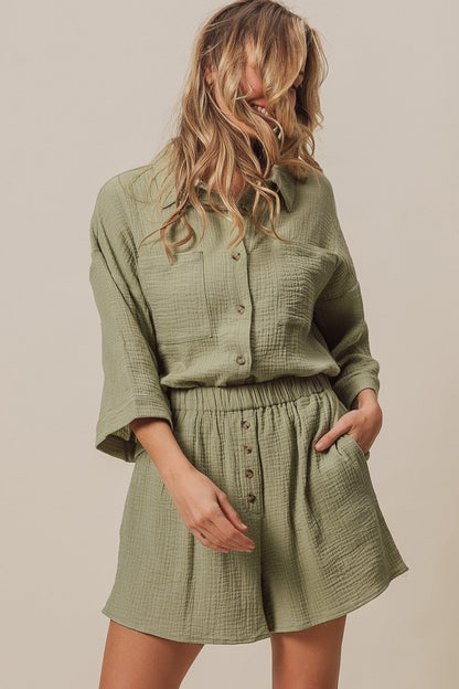 BiBi Crinkle Gauze Shirt And Short Set in Sage