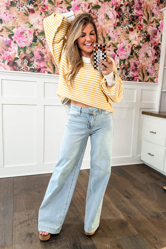 Judy Blue High Rise Light Wash Distressed Criss Cross Waistband Retro Wide Leg Jeans