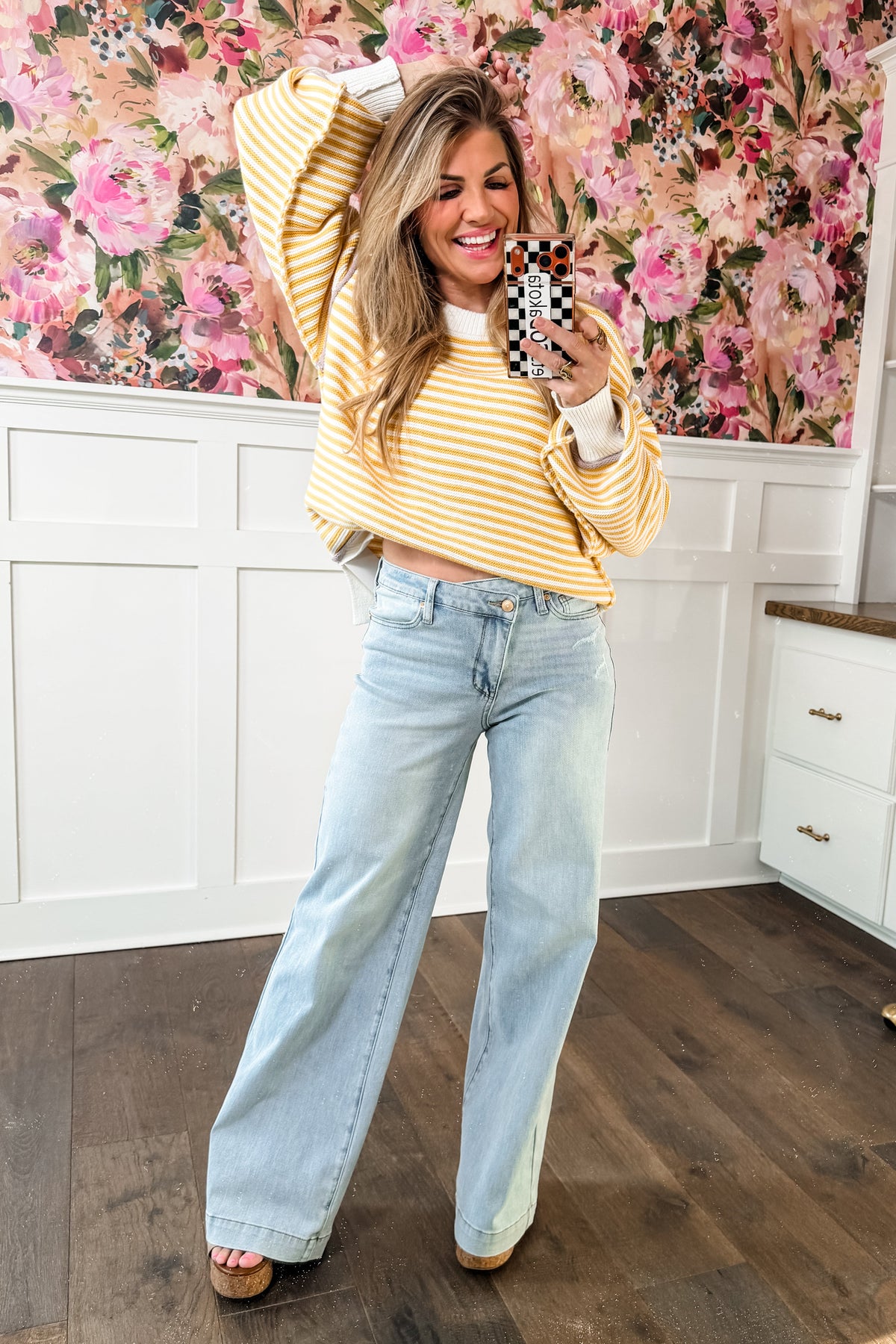 Judy Blue High Rise Light Wash Distressed Criss Cross Waistband Retro Wide Leg Jeans